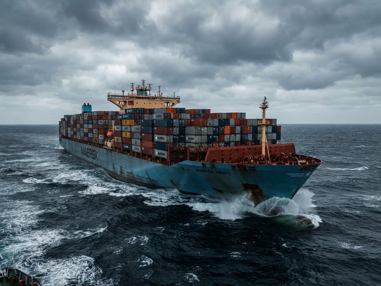 Wide-angle environmental shot of a massive container vessel at sea under overcast maritime skies, crisp daylight, deep steel blue tones.