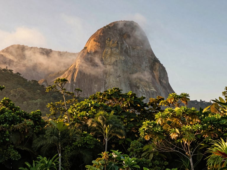 Soft mountain mist surrounding the iconic Pedra Azul peak, lush green Atlantic forest in the foreground, cinematic morning light