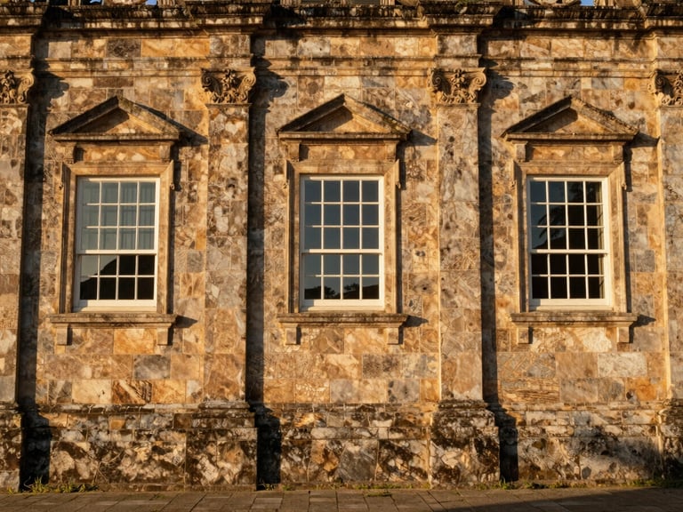 Historic stone architecture of the Jesuit Sanctuary in Anchieta, warm natural sunlight filtering through old windows, clean composition