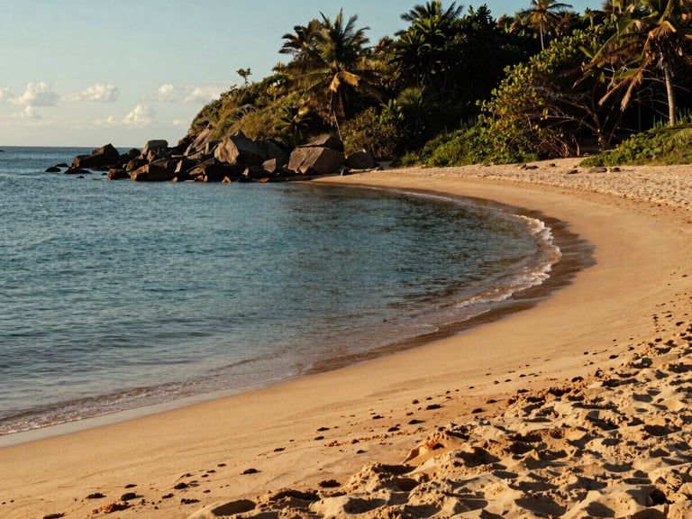 Sun-drenched quiet beach in Anchieta with calm blue water, soft golden sand, natural coastal vegetation, warm afternoon light