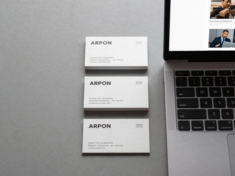 A straight-on flat lay of textured heavy-weight business cards and a sleek laptop displaying a clean editorial website layout, bathed in soft, indirect morning light.