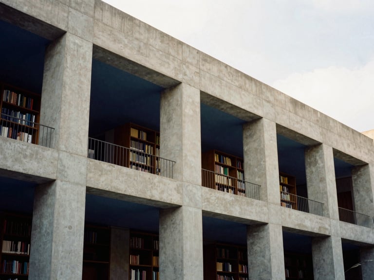 Architectural detail of a prestigious Mexican university campus, clean concrete lines and modern library facade under soft natural daylight, 35mm photography