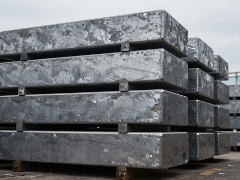 Macro shot of industrial raw copper cathodes stacked in an overcast shipyard, cool steel tones, 35mm lens