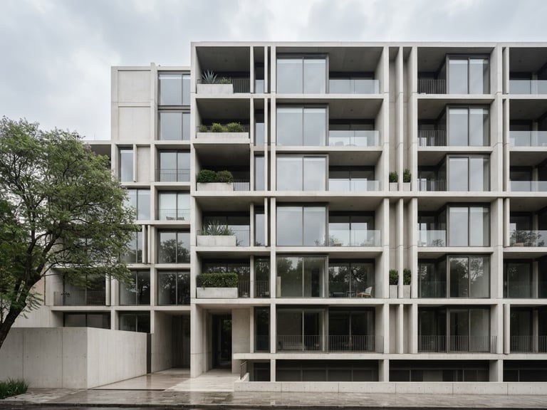 Minimalist high-end residential building facade in Polanco, Mexico City, soft overcast daylight, clean concrete and glass lines, architectural photography