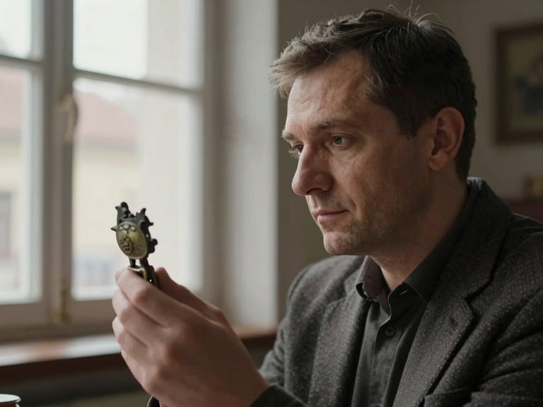 Candid portrait of Vladimir Sofronie in Brașov, looking thoughtfully at a small historical artifact in his hand, natural soft window light, quiet atmosphere.