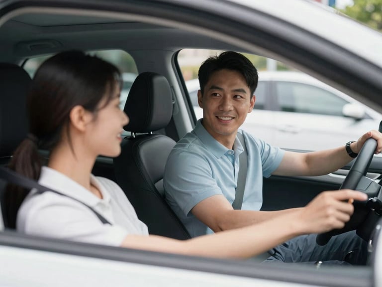 A calm driving instructor with a friendly smile explaining traffic rules to an attentive young woman inside a modern clean car, natural daylight, shallow depth of field, 35mm