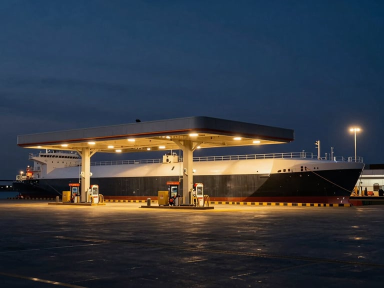 A high-contrast wide shot of a modern fuel terminal at dusk, industrial harbor lights, a tanker docked alongside, cool-toned deep navy atmosphere with gold highlights