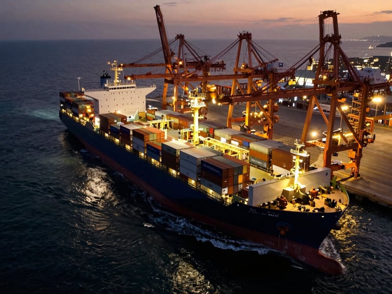 Wide cinematic aerial view of a massive container ship undergoing bunkering operations at dusk, deep navy ocean waters, high-contrast harbor lights, golden hour glow.