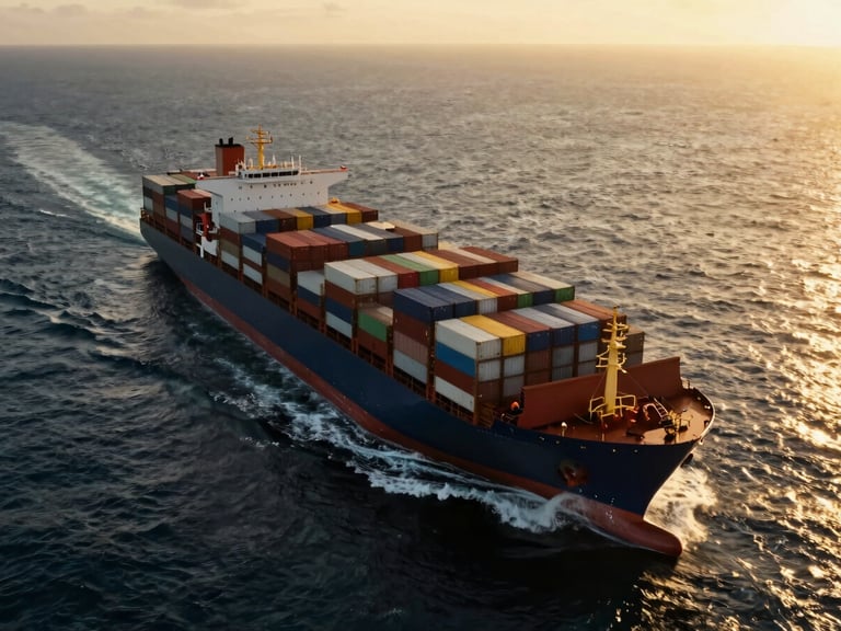 Dramatic wide aerial shot of a massive container ship navigating deep ocean waters at golden hour, high-contrast industrial realism
