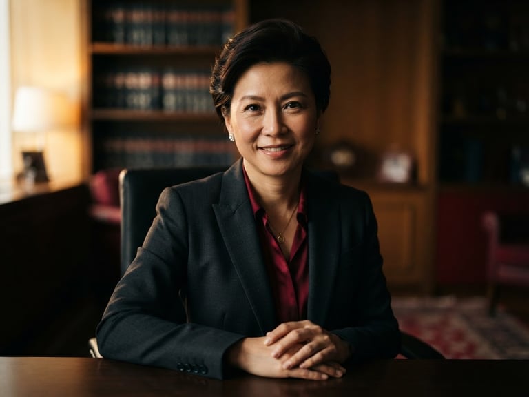 Professional portrait of Lawyer Tse Pui Shan in business attire, authoritative yet approachable, with warm golden side lighting, shallow depth of field, deep charcoal and rich red tones, 50mm lens.