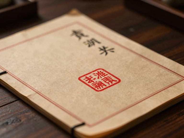 Close-up of traditional Chinese legal documents with a prominent red seal, dramatic side lighting, on a dark wooden desk, shallow depth of field, 50mm lens