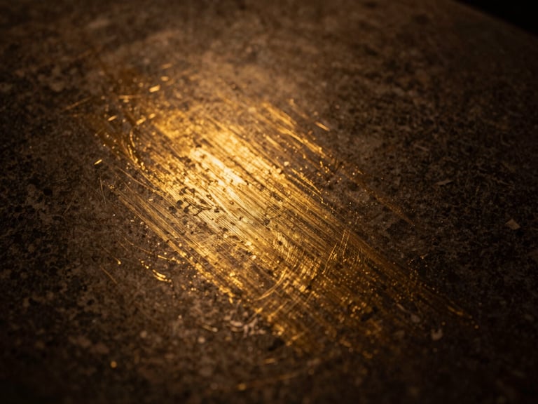 Abstract texture of brushed gold leaf on dark stone, low-key warm golden lighting, shallow depth of field, 50mm lens