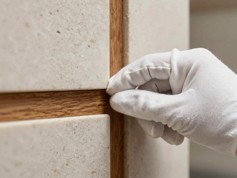 Extreme close-up of a hand in a white cotton glove gently inspecting the clean joint between a raw travertine wall and a dark oak frame, soft diffused light.