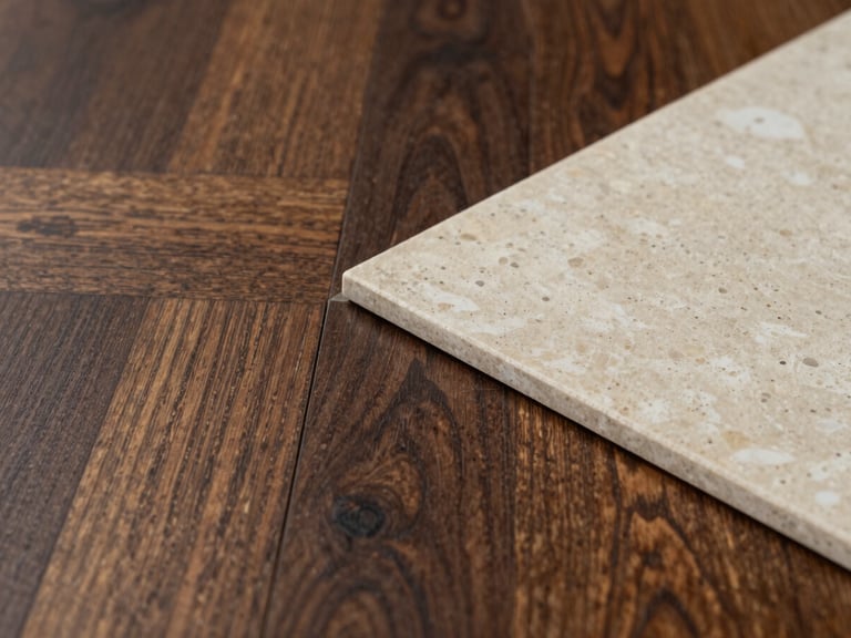 Straight-on macro shot of a clean material transition where a dark oak floor meets a light travertine stone tile with a perfect, razor-thin joint, soft natural light.