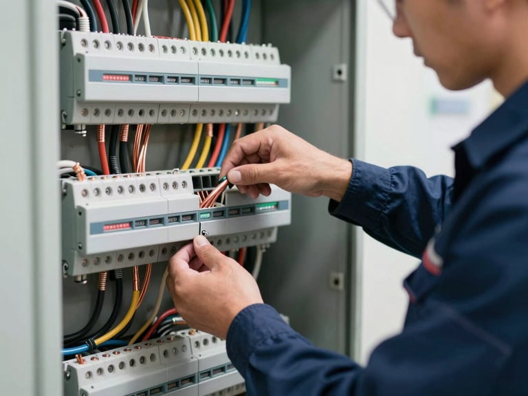 Close-up of a professional electrician in a clean dark blue uniform, systematically organizing copper cables inside a modern, structured electrical panel. Sharp natural daylight, high detail, clean tools.