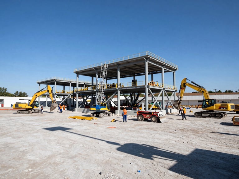 Amplia vista de una obra civil industrial en progreso con maquinaria pesada y trabajadores, destacando la escala y el orden, luz diurna brillante, sombras de alto contraste.