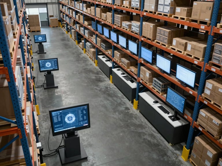 High-angle view of an organized logistics warehouse interior with clean racking systems and high-tech tracking screens, cool-toned professional lighting.