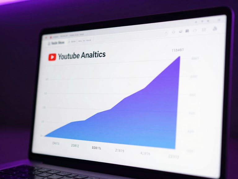 Sleek dark-mode digital mockup of a YouTube analytics dashboard showing watch hours spiking upwards, vibrant purple and blue neon backlighting, sharp focus