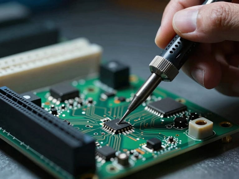 Extreme close-up of hands soldering components on a circuit board, dramatic directional workbench lighting, cool technical color palette.