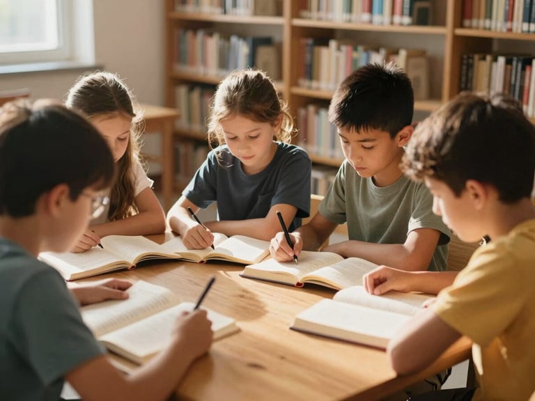 Warm natural daylight illuminating a small group of young students reading together around a wooden table in a bright library, soft focus background, 35mm film style