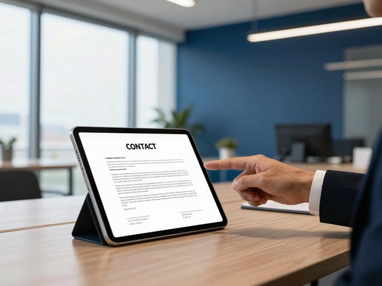 A professional lawyer pointing at a tablet showing a clean digital contract, bright window light, modern Colombian office interior with deep blue accents.