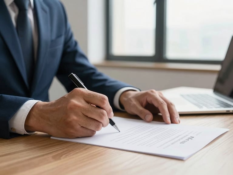 Close-up of professional hands signing a clean legal document on a wooden desk, warm natural window light, elegant minimalist office background.