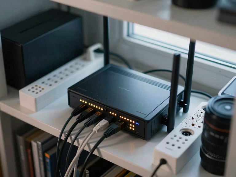 Close-up overhead view of a cluttered residential router shelf — tangled cables, blinking modem, dusty power strip — under cool daylight from a nearby window, no people