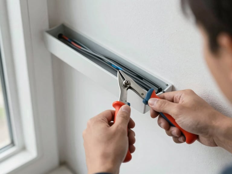 Overhead view of cables being organized inside a wall-mounted cable management channel, hands using a cable tie tool, white wall background, natural window light from the left, no faces
