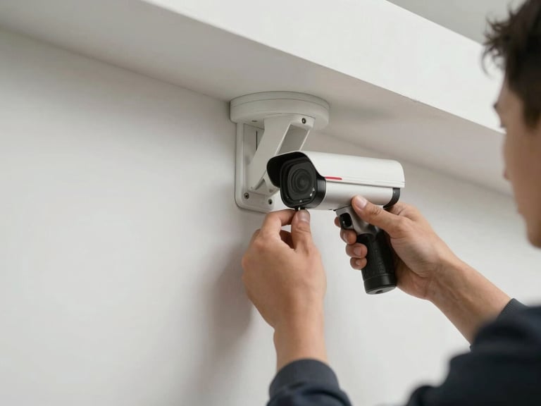 Technician hands mounting a small security camera bracket onto a white exterior wall corner, drill visible, natural daylight, close-up framing showing the camera body and mounting screws mid-installation