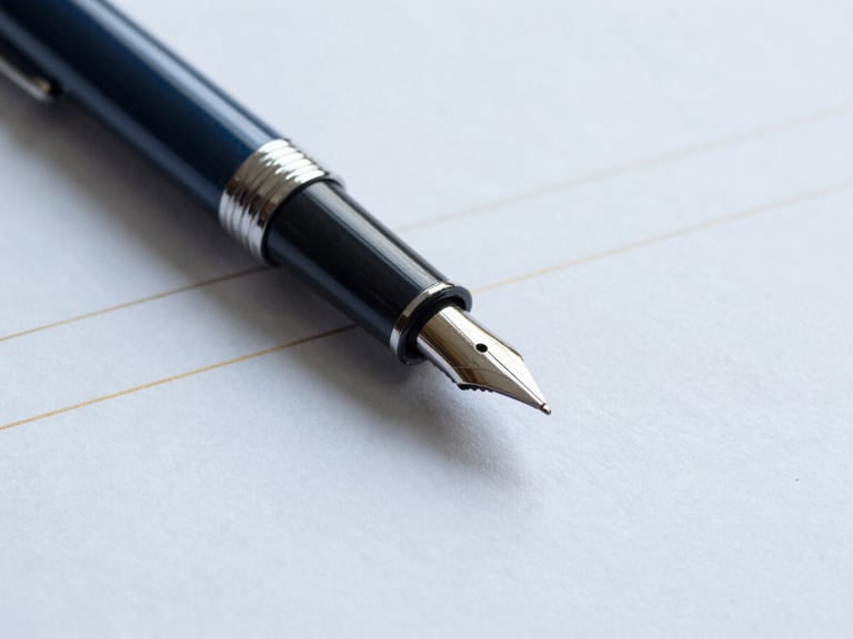 Close-up of a fountain pen on a financial document, subtle gold lines, cool diffused office daylight, sharp focus.