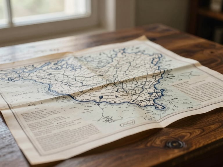 A close-up of folded historical land maps and blue-inked legal documents on a dark wooden table, warm side lighting, shallow depth of field