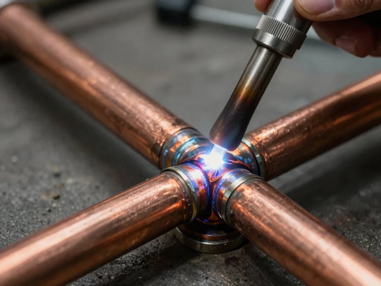 Tight macro shot of clean copper AC pipes being brazed with a bright torch, intense workshop utility light, sharp focus on the metallic joint.
