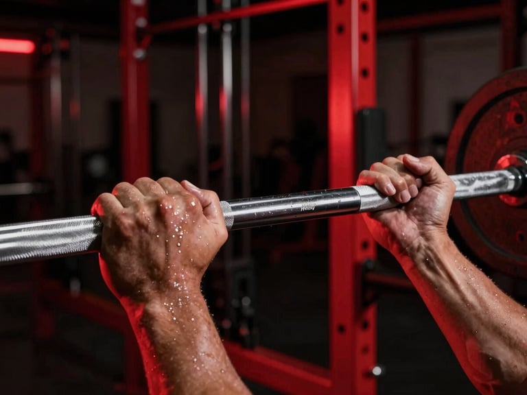 Close-up of heavily knurled barbell steel, sweat-dripping hands gripping the bar, dark warehouse gym background with intense red rim lighting, dramatic 35mm photography