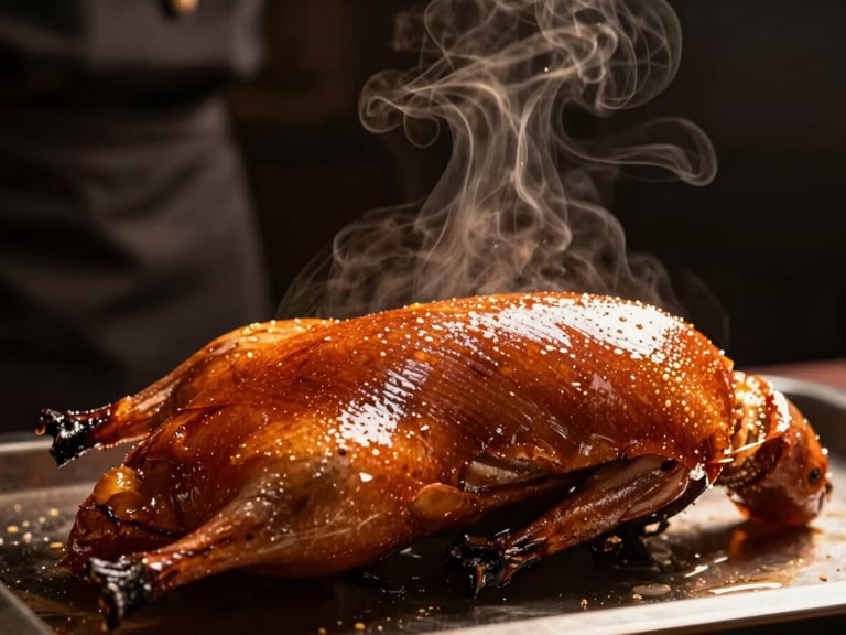 Close-up of a perfectly glazed, crispy Peking duck being sliced by a chef, warm golden-hour side lighting, dark charcoal background, steam rising, shallow depth of field