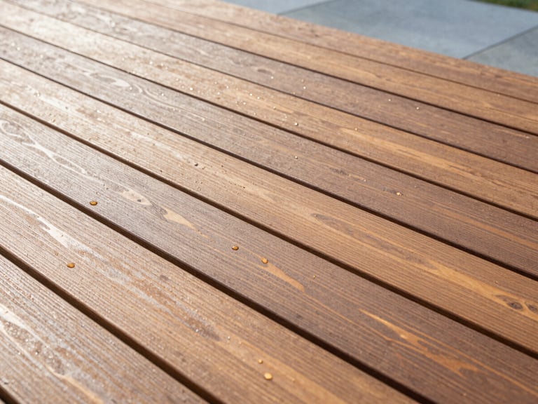 Detail shot of a freshly stained wooden deck, rich warm tones, water droplets beading on the sealed surface, bright daylight, sharp focus, 35mm