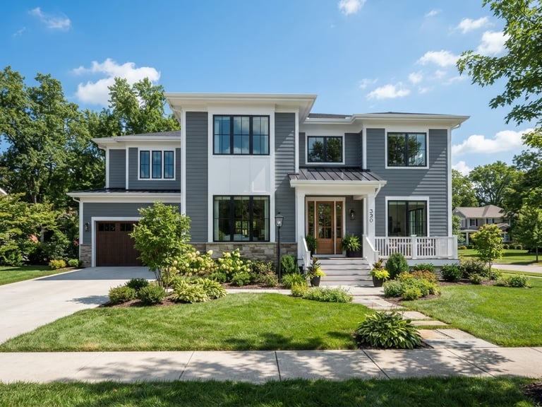 Wide architectural shot of a freshly painted modern home exterior in Lexington, crisp white trim against a slate gray facade, bright natural daylight, sharp focus, 35mm.