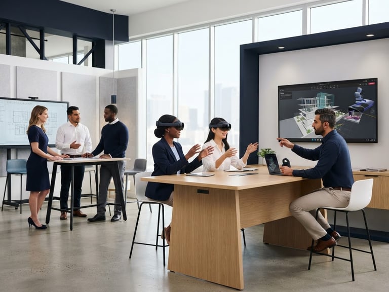 Wide shot of a modern, clean architectural space with a diverse group of professionals collaborating, some wearing sleek VR headsets, bright studio lighting, sharp focus, 50mm, minimalist white and deep navy tones.