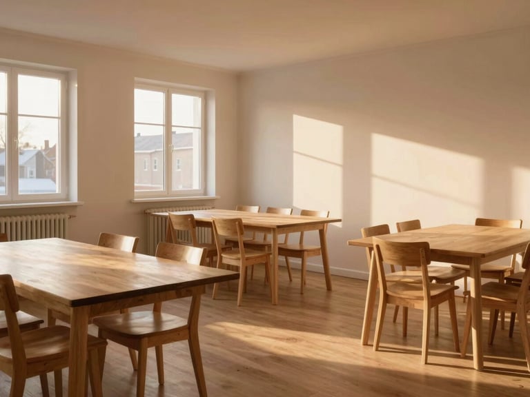 Wide environmental shot of an empty, beautifully lit Scandinavian dining room at golden hour, soft side-lighting casting long shadows on light oak tables.