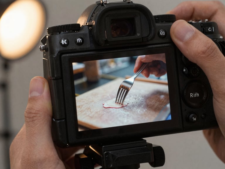 Candid action shot of a camera screen displaying a close-up of plating, hands in the soft-focus background adjusting a fork under warm studio light.