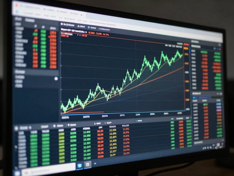 Close-up of a wide trading dashboard monitor showing backtesting equity curve charts with green ascending line, drawdown percentage metrics and trade log rows visible, cool flat task lighting, no people, dark background, sharp data density