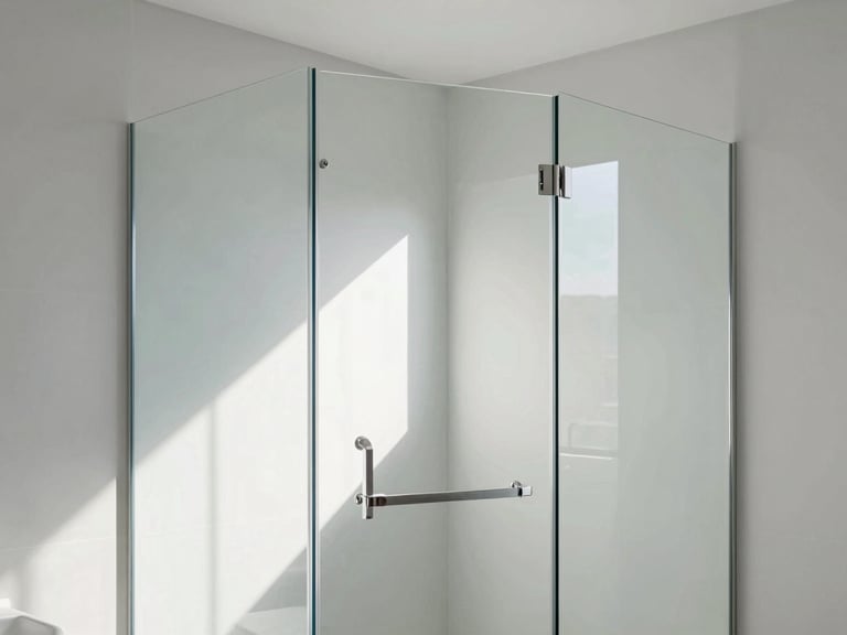 Modern glass shower enclosure (Box Elegance) in a minimalist bathroom, clean glass, natural light, architectural photography.