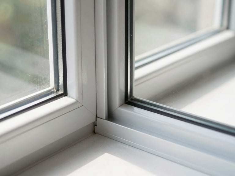 Detail shot of a sleek aluminum window frame joint, showing precise engineering and clean lines, natural light reflecting.
