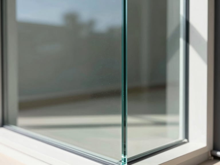Close-up of a thick tempered glass panel edge, showing its strength and clarity, bright natural daylight, architectural photography.