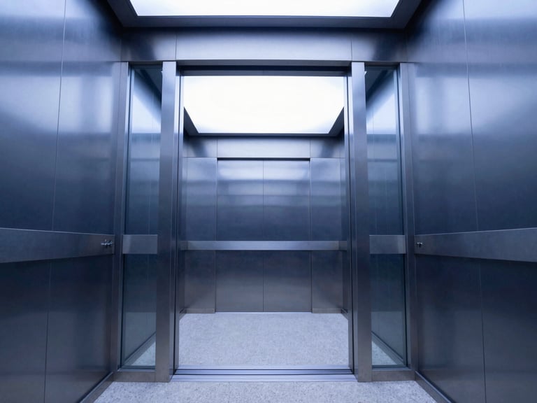 Symmetrical interior perspective of a premium glass and brushed steel elevator cabin, sharp architectural lighting, minimalist design.