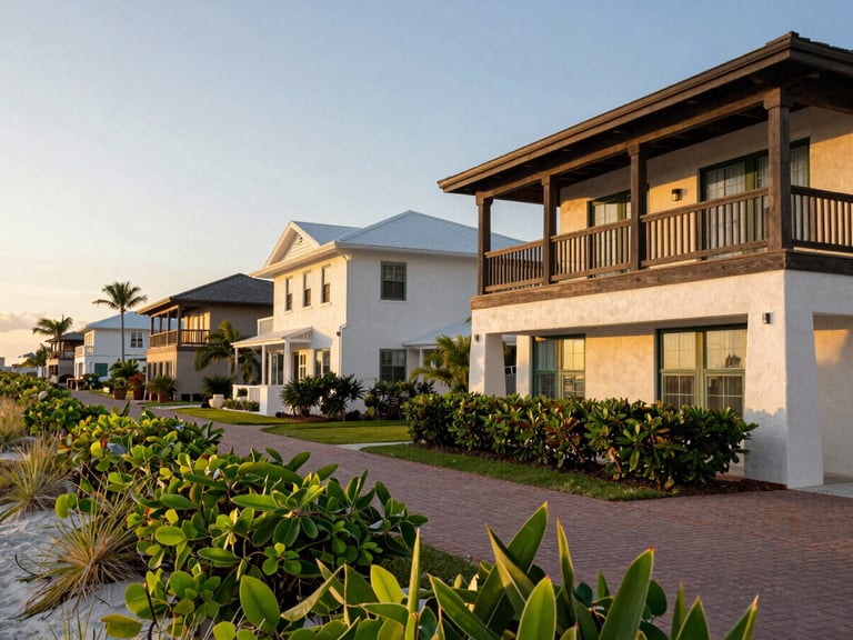 Wide panoramic view of Rosemary Beach, Florida, elegant West Indies-style architecture with dark wood and stucco on the right, brick-paved path, lush green foliage, warm evening light.