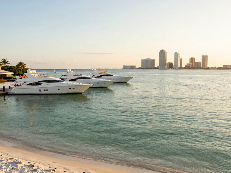 Wide panoramic view of Destin Harbor at golden hour, luxury yachts docked on the left, calm emerald waters, distant skyline on the right, soft light.