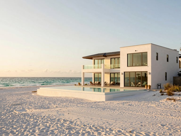 Expansive, modern beachfront residence in Alys Beach at golden hour, white stucco, large glass windows, infinity pool overlooking emerald waters, soft sand.