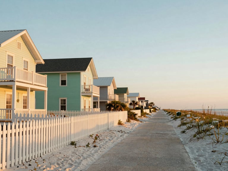 Wide panoramic view of Seaside, Florida, iconic pastel-colored beach cottages with white picket fences on the left, a clear path leading to the beach, soft golden hour light.