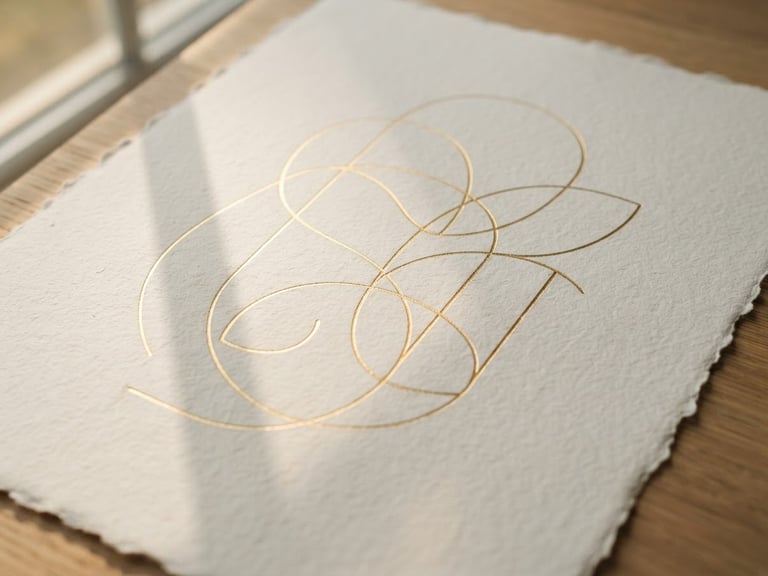 Minimalist fine line art of interlocking golden curves on a textured off-white paper background, soft diagonal window shadow, elegant luxury feel