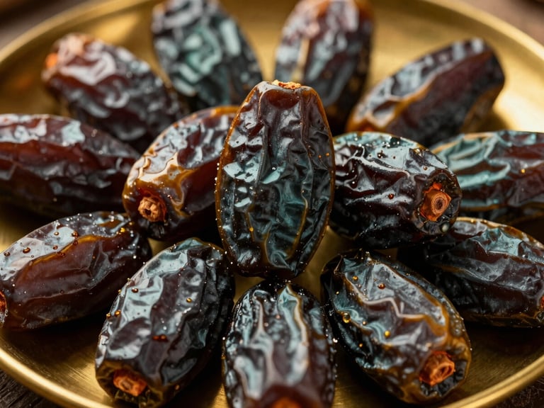 Close-up macro shot of dark, glistening Ajwa dates on a brass tray, dramatic golden-hour lighting, rich texture visible, warm editorial photography.